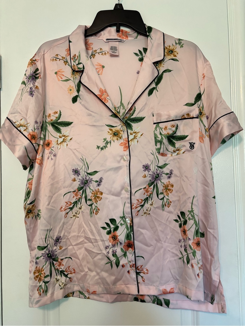 Victoria's Secret Pink Floral Satin Short Sleeve Pajama Top Large